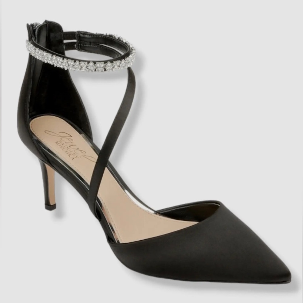 Beautiful Badgley Mischka Jaylah Black Satin Ankle Strap Heels with Rhinestones